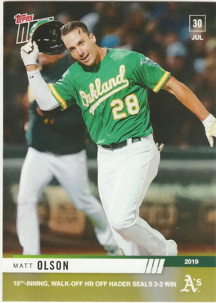 Oakland Athletics player Matt Olson swinging bat in green jersey for 10th walk-off HR