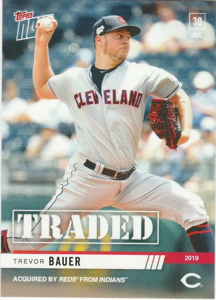 Baseball card of Trevor Bauer traded to Cincinnati Reds with TRADED stamp on image