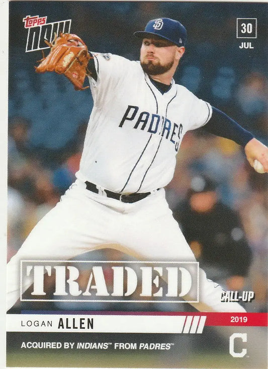 Baseball card of Logan Allen traded, showcasing pitcher for San Diego Padres mid-throw