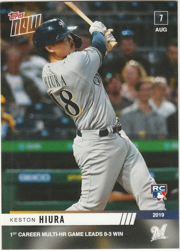 Baseball card of Keston Hiura mid-swing in Milwaukee Brewers multi-HR game attire