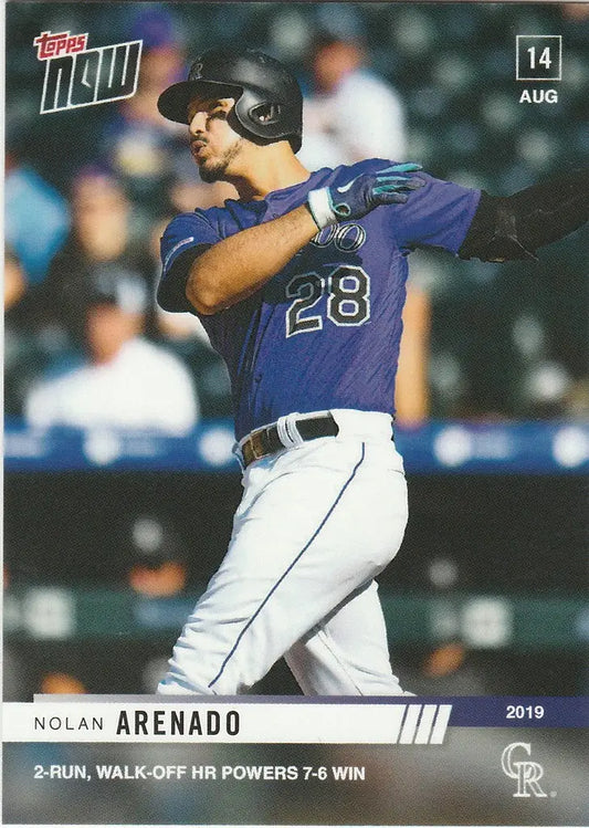 Nolan Arenado swinging bat in purple jersey for Colorado Rockies run walk moment
