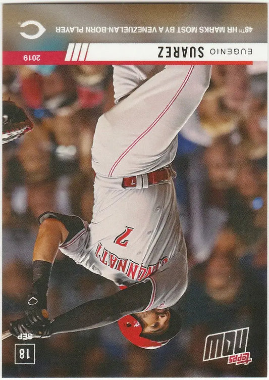 Baseball player Edgenio Suarez upside down in mid-air during 48th home run play for Cincinnati Reds