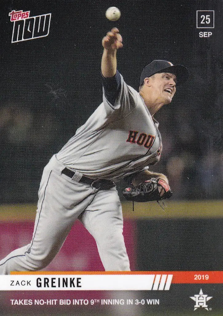 Zack Greinke pitching for the Houston Astros in 2019 TOPPS NOW #898, No Hit into 9th