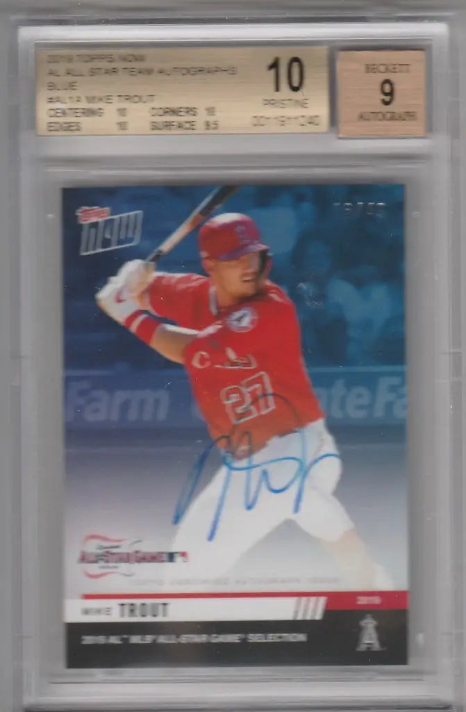 Graded baseball card of Blue Mike Trout at bat in red uniform, BGS 10 condition