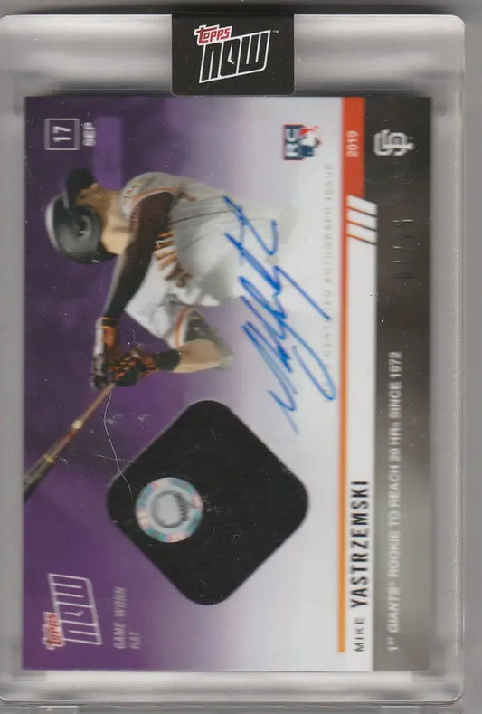 Baseball trading card of Mike Yastrzemski featuring autograph and game-used material