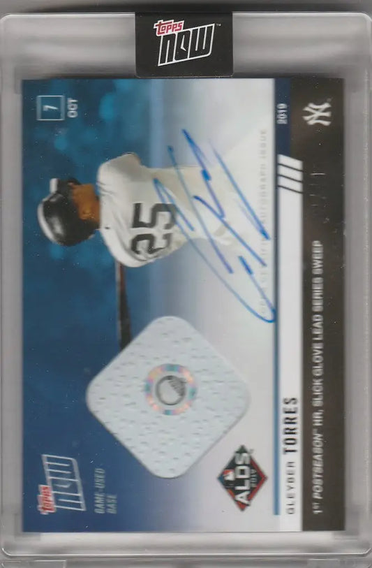 Baseball trading card of Gleyber Torres 1st Postseason Auto Relic 981A in protective case