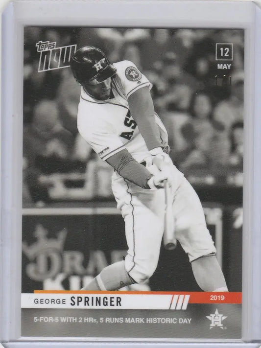 Black and white baseball card of George Springer mid-swing from 2019 Topps Now collection