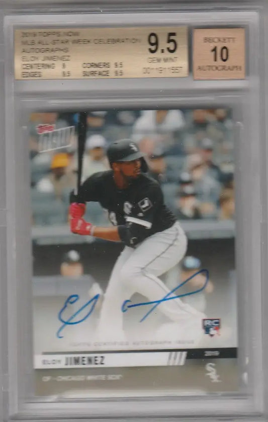 Graded baseball card of Eloy Jimenez BGS 9.5 in dark uniform, Platinum Celebration Auto
