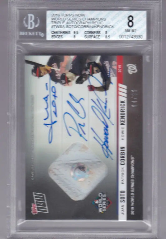 Graded 2019 Topps Now Juan Soto Kendrick Auto Relic card with game-used material