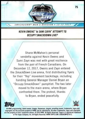 2019 Topps Road to WrestleMania #75 Wrestling card back featuring Kevin Owens Sami Zayn original gloss