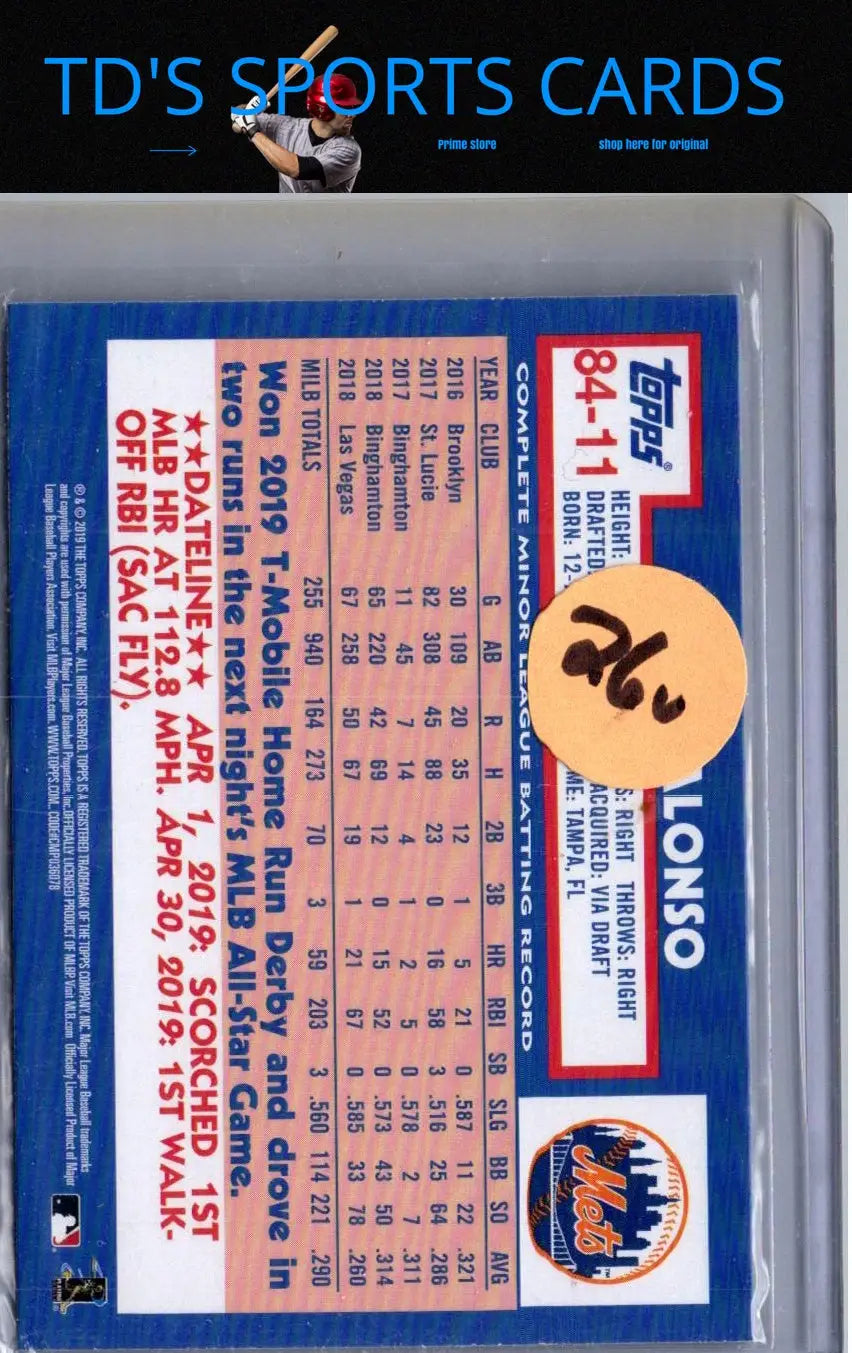 Baseball card featuring Pete Alonso with stats from 2019 Topps Update and Topps Baseball