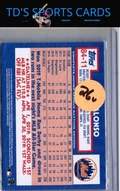 Baseball card featuring Pete Alonso with stats from 2019 Topps Update and Topps Baseball