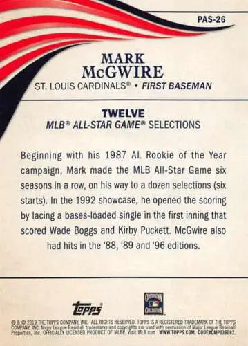 Mark McGwire baseball card back from 2019 Topps Update Perennial All-Stars #PAS-26