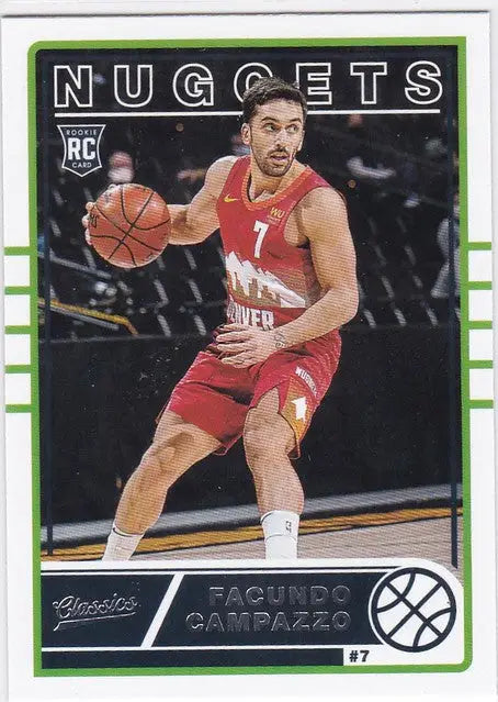 Basketball player Facundo Campazzo in red Denver Nuggets uniform dribbling ball