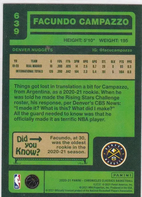 Basketball trading card of Facundo Campazzo RC Denver from Chronicles Classics set