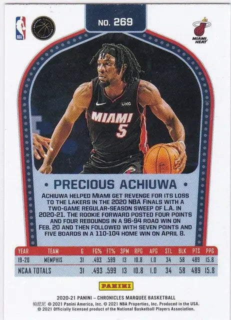 Basketball trading card of Precious Achiuwa RC Miami in black jersey #5, Chronicles Marquee
