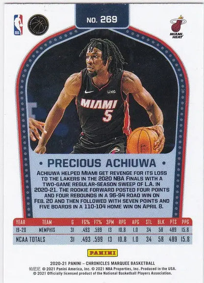 Basketball trading card of Precious Achiuwa RC Miami in black jersey #5, Chronicles Marquee