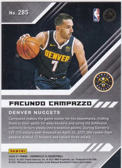 Basketball trading card of Facundo Campazzo dribbling in 2020-21 Chronicles XR Base