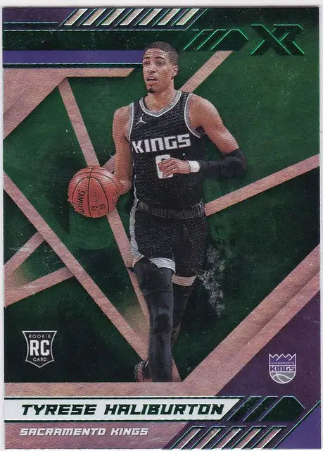 Basketball trading card of Tyrese Haliburton dribbling in Chronicles XR Green design
