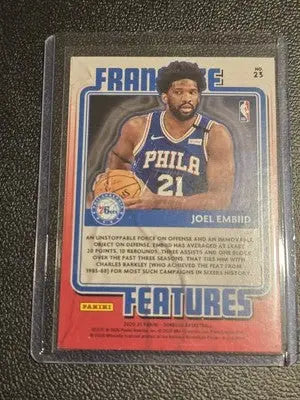 Joel Embiid basketball card from 2020-21 Donruss Joel Embiid Franchise Features