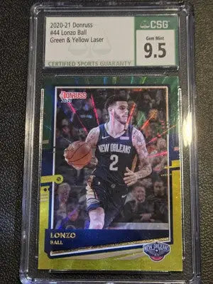 Graded Lonzo Ball basketball card featuring Holo Green and Yellow Laser on the 2020-21 Donruss series