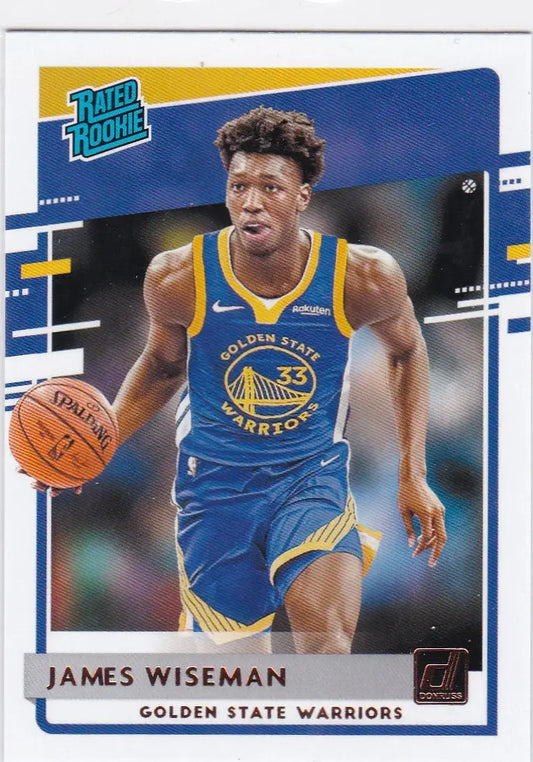 Basketball trading card of James Wiseman Golden State dribbling ball from Donruss Rated Rookie