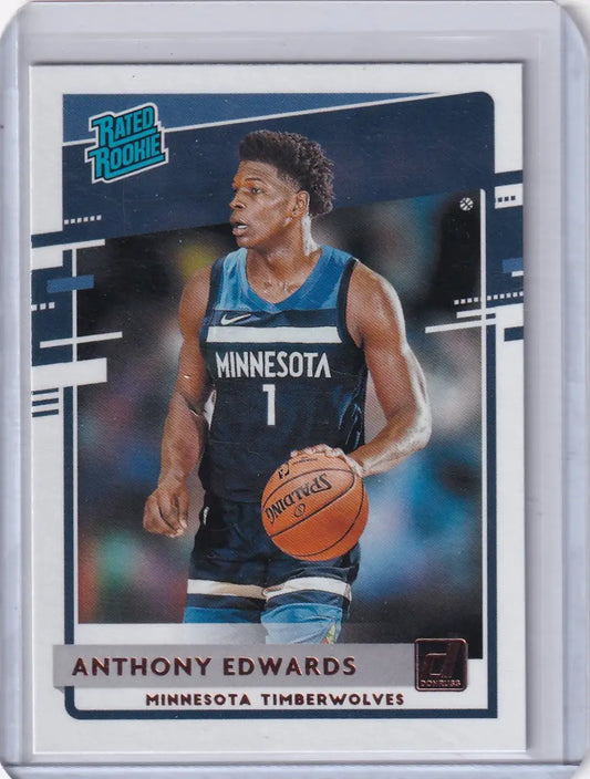 Basketball trading card featuring Anthony Edwards in Minnesota Timberwolves jersey from Panini Donruss