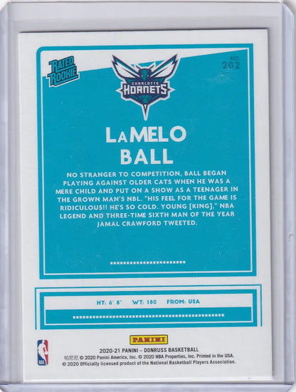 Turquoise LaMelo Ball rookie basketball card from Panini Donruss 2020-21 Charlotte Hornets