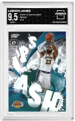 Basketball card of LeBron James from Panini Donruss Optic series in a product display