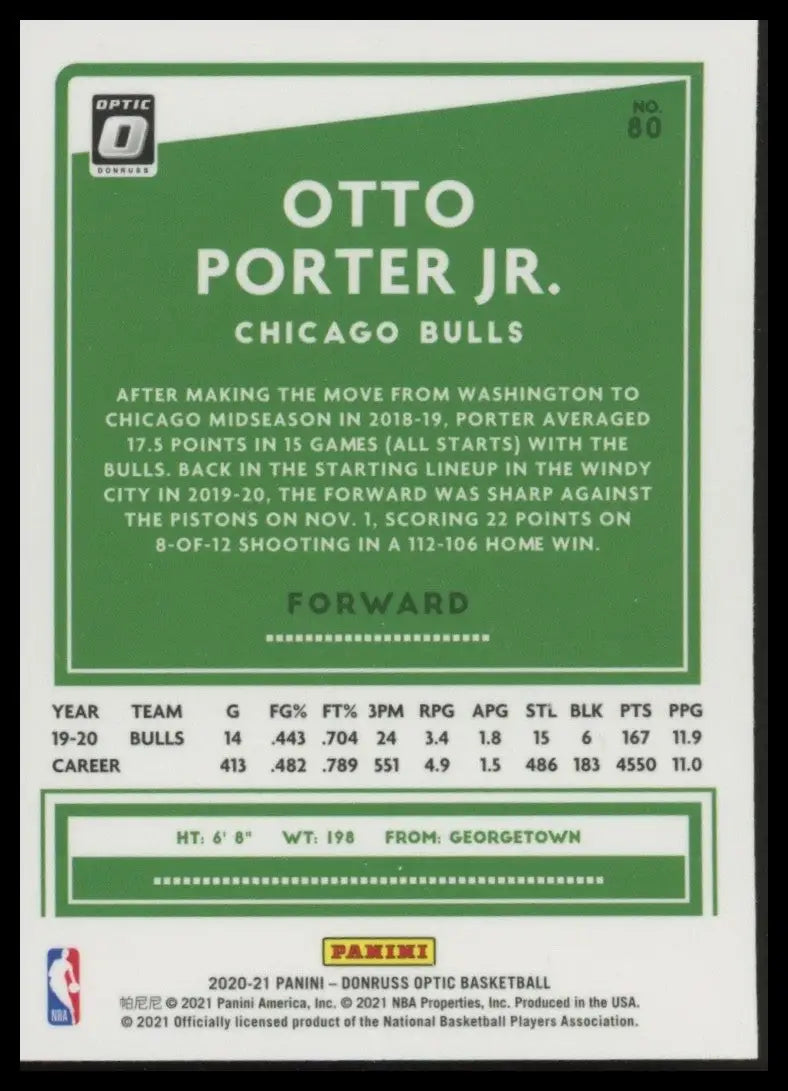 2020-21 Panini Donruss Optic Otto Porter #80 Chicago Bulls Basketball Card NBA