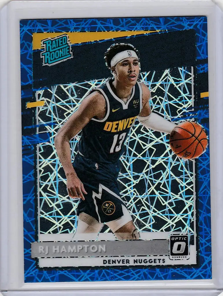 Basketball trading card of RJ Hampton in navy, featuring Panini Donruss Optic design