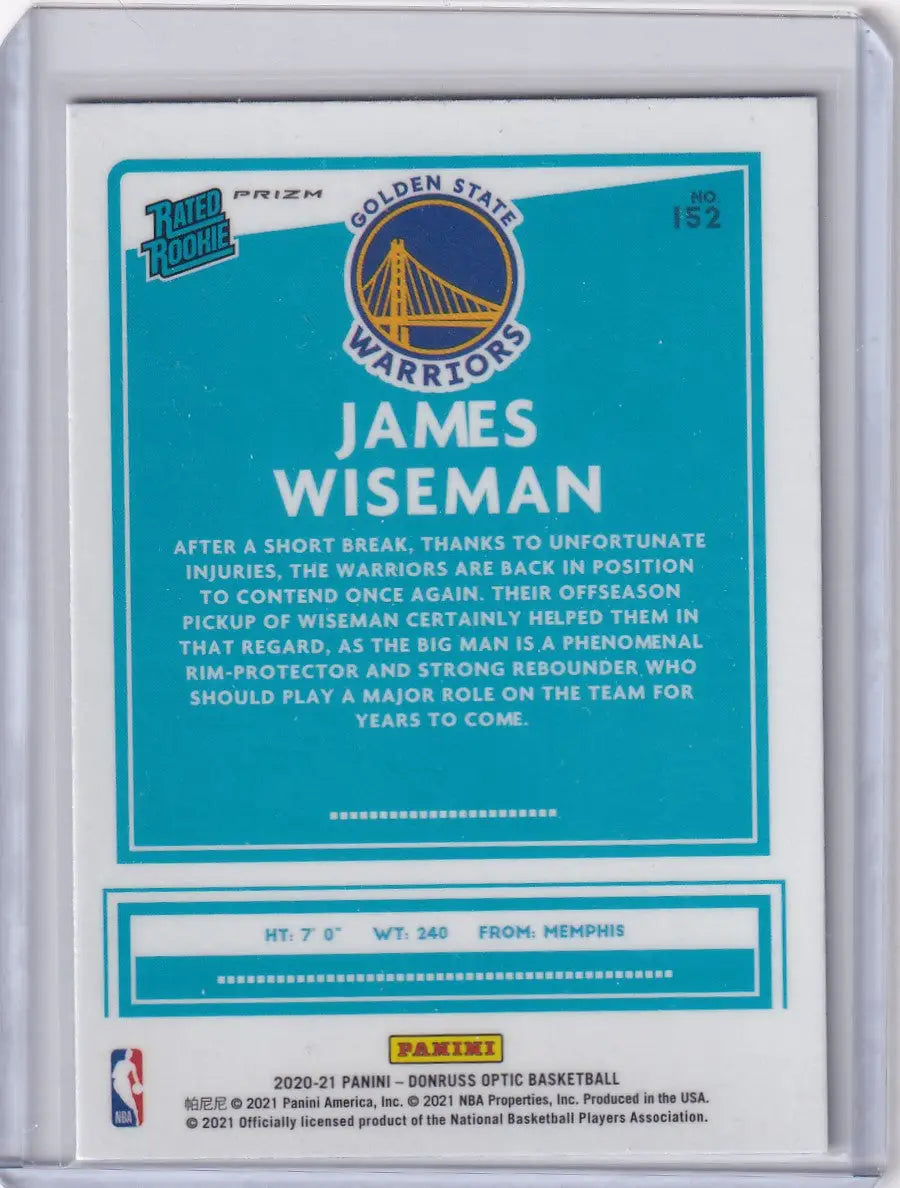 James Wiseman Golden State Warriors Panini Donruss Optic Purple Rookie Card