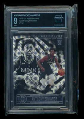 2023 Panini Illusions Basketball card featuring Anthony Edwards with silver holographic design from Asia Trophy Collection