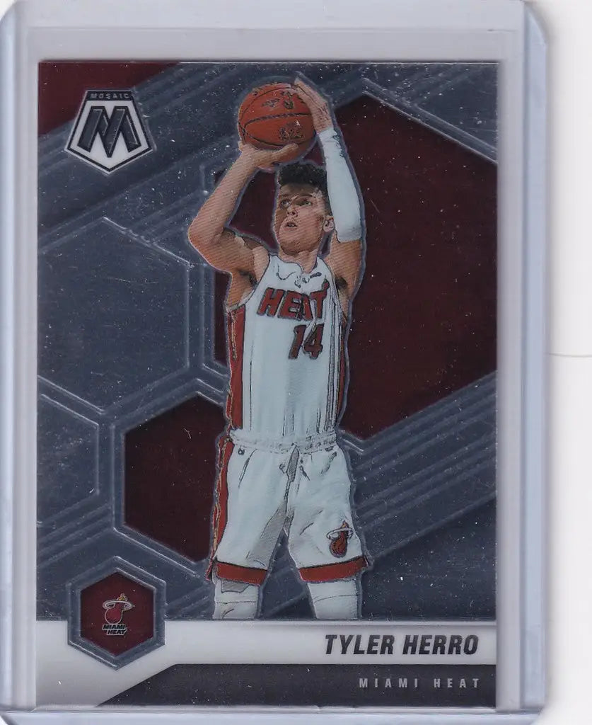 Basketball trading card of Tyler Herro in Miami Heat white jersey shooting a basket