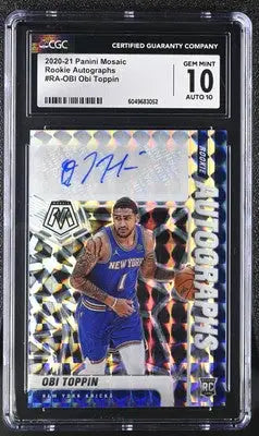 Graded Obi Toppin rookie autograph card from Panini Mosaic featuring Mosaic Obi Toppin edition