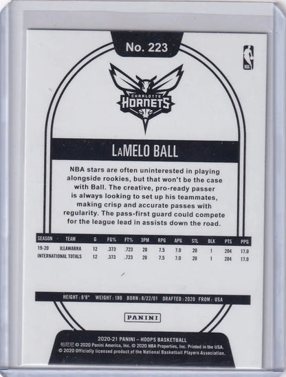 Panini NBA Hoops rookie trading card of LaMelo Ball with Charlotte Hornets logo