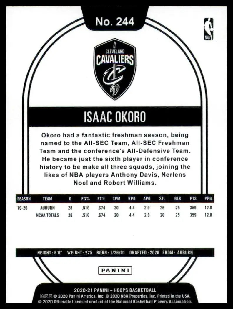 2020-21 Panini NBA Hoops Isaac Okoro #244 Rookie Cleveland Cavaliers Basketball