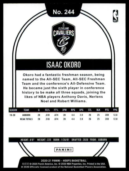 2020-21 Panini NBA Hoops Isaac Okoro #244 Rookie Cleveland Cavaliers Basketball