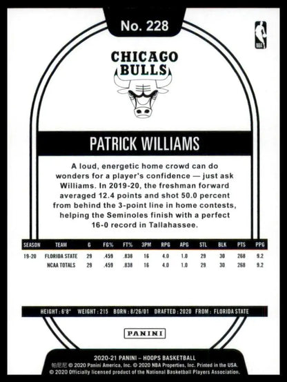2020-21 Panini NBA Hoops Patrick Williams #228 Rookie Chicago Bulls Basketball
