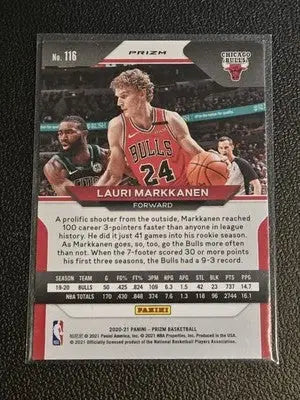 Lauri Markkanen basketball card featuring Red Ice Prizms from 2020-21 Panini Prizm