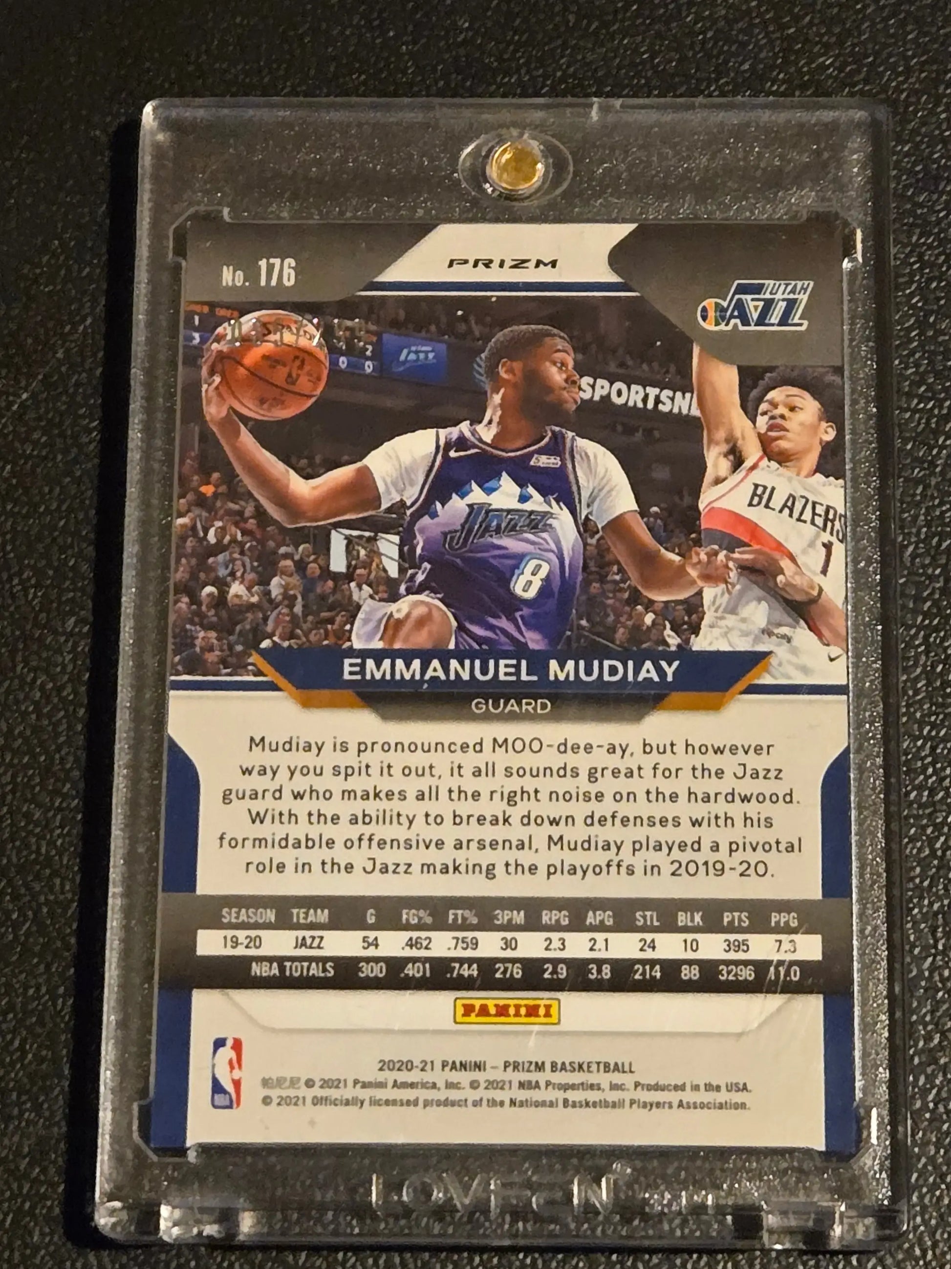 Basketball trading card of Emmanuel Mudiay in protective case from 2020-21 Panini Prizm Mudiay Red Prizms