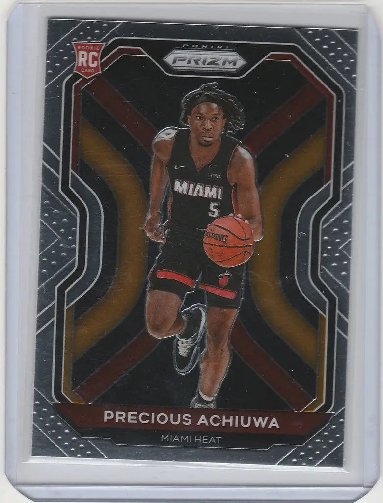 Basketball trading card of Precious Achiuwa dribbling for Miami Heat in 2020-21 Panini Prizm