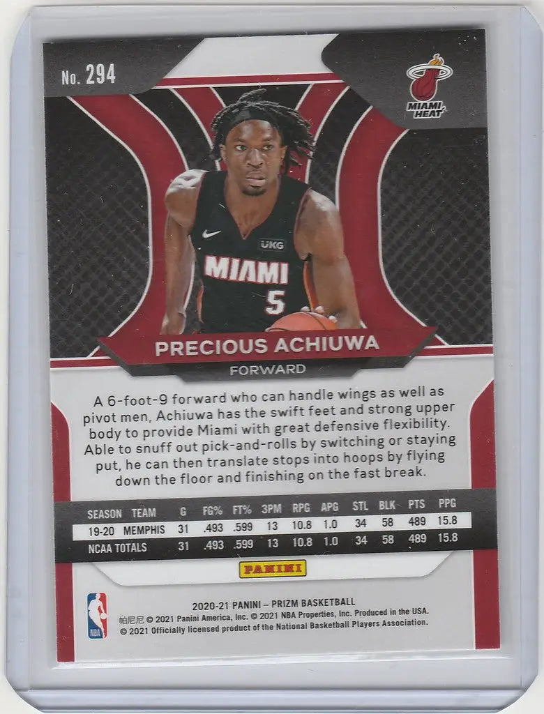 Basketball trading card of Precious Achiuwa from Miami Heat 2020-21 Panini Prizm