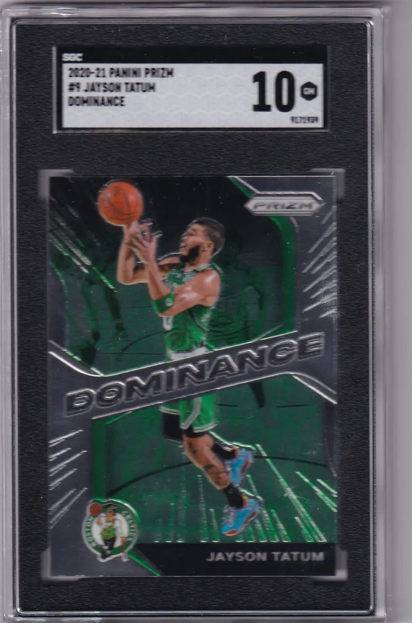 Graded Jayson Tatum SGC 10 basketball card from Panini Prizm Dominance series