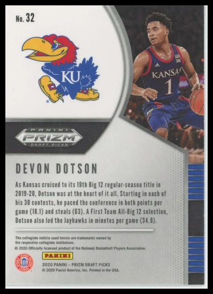 2020-21 Panini Prizm Draft Picks Devon Dotson #32 Rookie Kansas Jayhawks Card - Trading Card