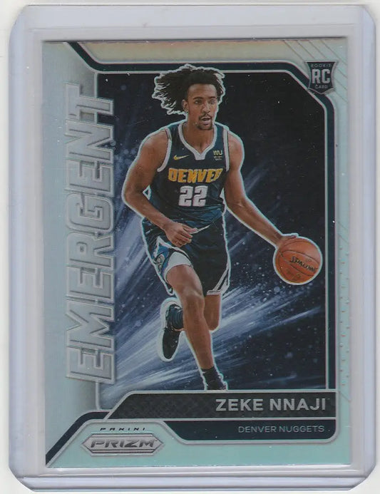 Basketball trading card of Zeke Nnaji Denver in navy uniform, 2020-21 Panini Prizm Emergent