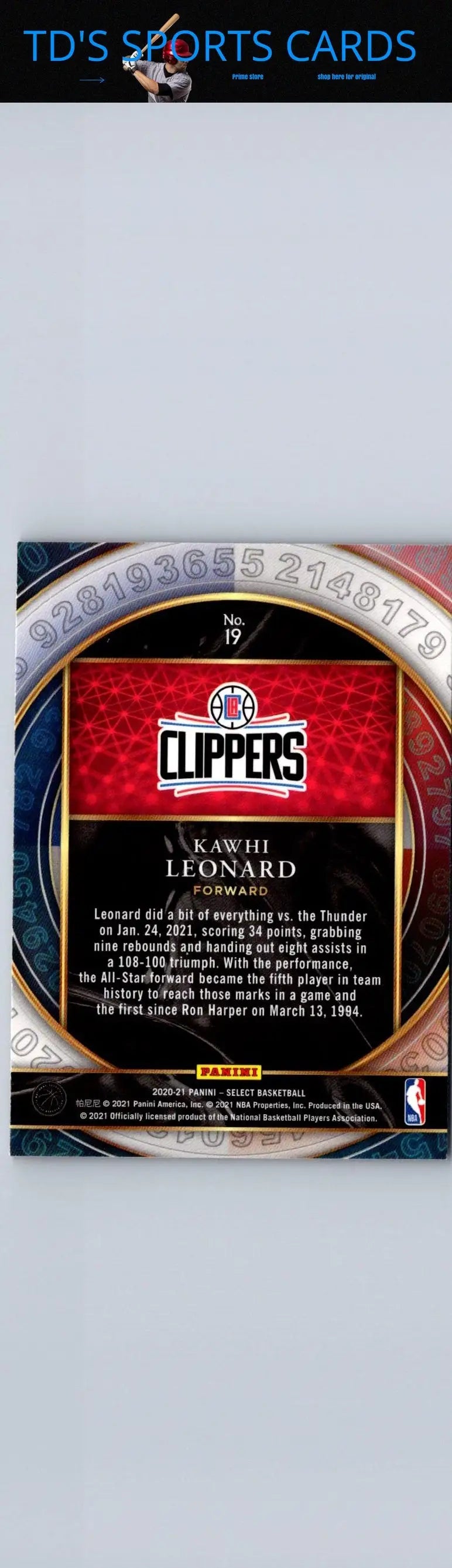 Kawhi Leonard Clippers basketball card from 2020-21 Panini Select Select Numbers series