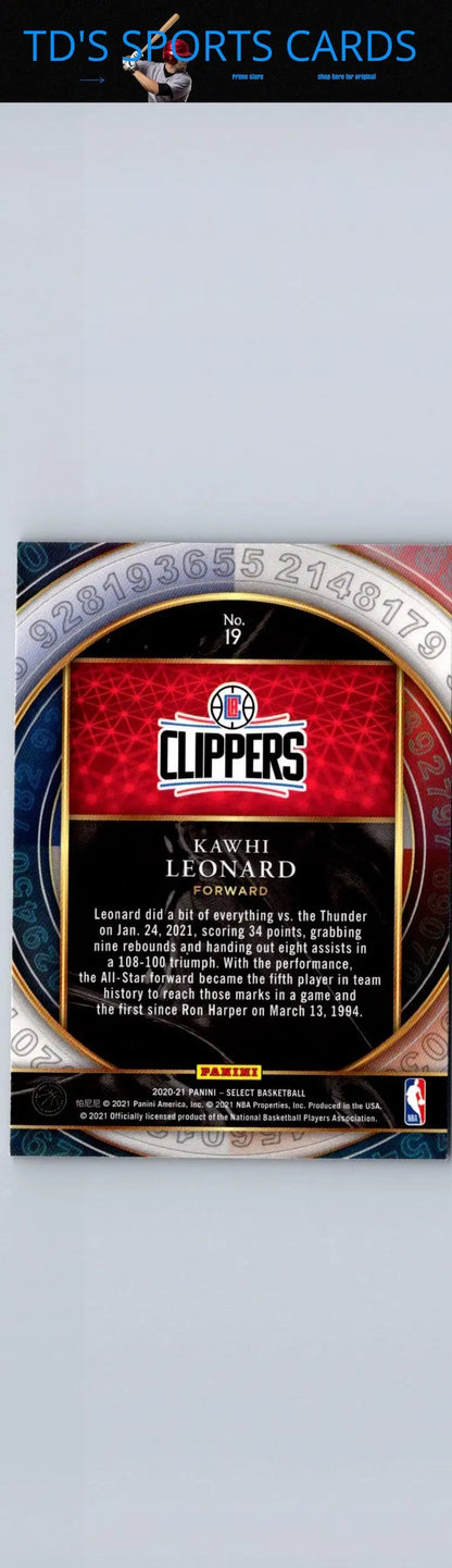 Kawhi Leonard Clippers basketball card from 2020-21 Panini Select Select Numbers series