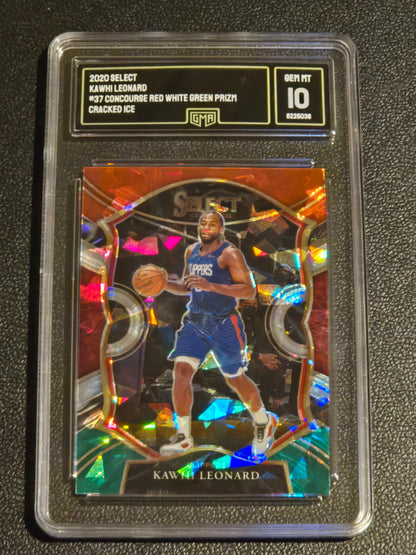 2020-21 Panini Select #37 Kawhi Leonard Red White Green Cracked Ice GMA 10 - Trading Card