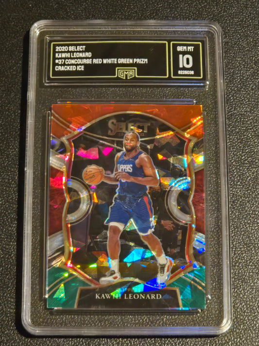 2020-21 Panini Select #37 Kawhi Leonard Red White Green Cracked Ice GMA 10 - Trading Card